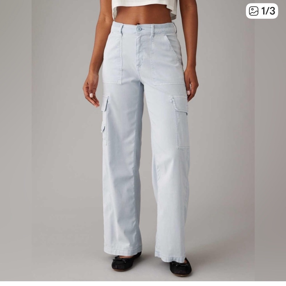 American Eagle Stretch‎ Cargo High Waisted Baggy WideLeg Light Blue Pants 6